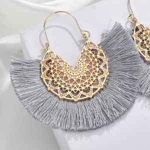Grey Tassel Fan Boho Gold Earrings